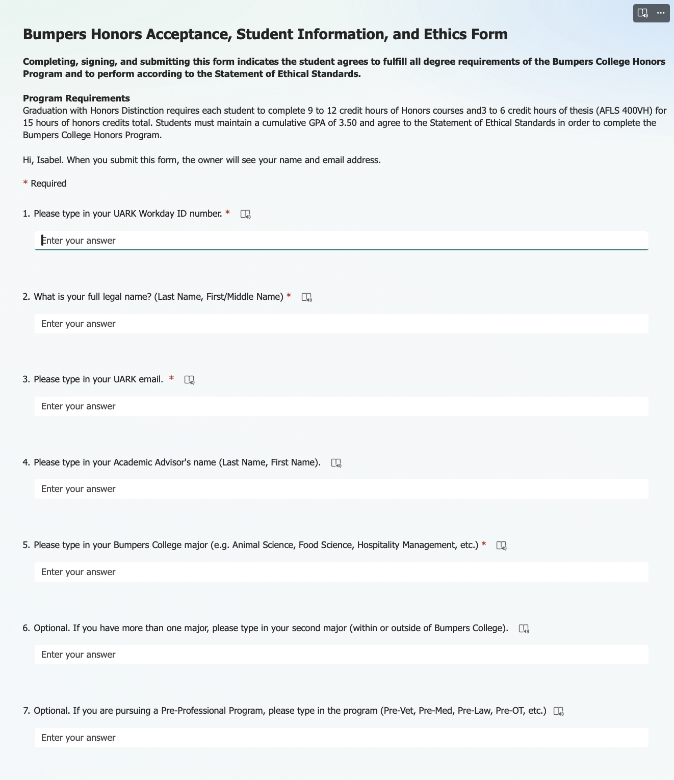 Screenshot of the ethics form