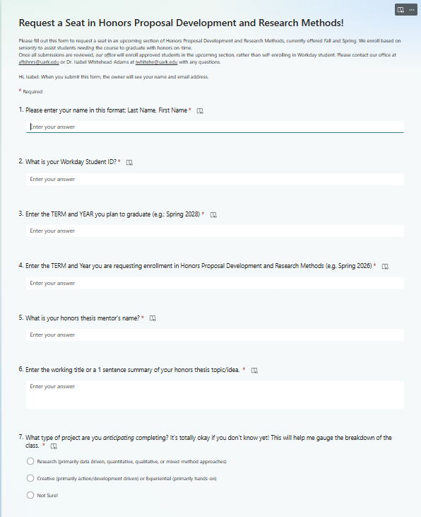 Screenshot of the Request to Enroll in Hon. Proposal Development 
