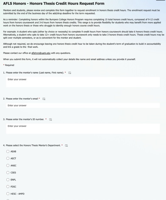 Screenshot of the honors thesis credit hours request form
